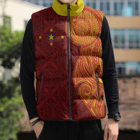 Niue Polynesian Hiapo Tattoo Art Sleeveless Puffer Jacket Half Style Red Yellow Color - Polynesian Pride