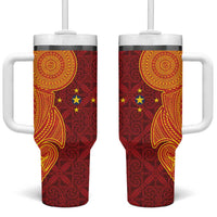 Niue Polynesian Hiapo Tattoo Art Tumbler With Handle Half Style Red Yellow Color - Polynesian Pride