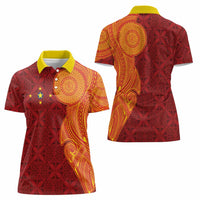 Niue Polynesian Hiapo Tattoo Art Women Polo Shirt Half Style Red Yellow Color - Polynesian Pride