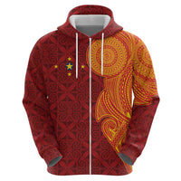Niue Polynesian Hiapo Tattoo Art Zip Hoodie Half Style Red Yellow Color - Polynesian Pride