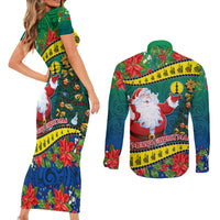 New Caledonia Christmas Couples Matching Short Sleeve Bodycon Dress and Long Sleeve Button Shirt Santa Claus and Kanak Flag Mix Poinsettia Maori Pattern LT03 - Polynesian Pride