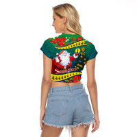 Personalised New Caledonia Christmas Raglan Cropped T Shirt Santa Claus and Kanak Flag Mix Poinsettia Maori Pattern LT03 - Polynesian Pride