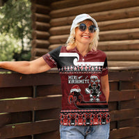 New Zealand Christmas Women Polo Shirt Meri Kirihimete Aotearoa Warrior on Waka with Maori Art Tattoo LT03 - Polynesian Pride