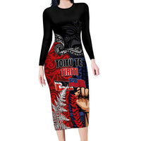 Aotearoa and Samoa Toitu Te Tiriti Long Sleeve Bodycon Dress Honour the Treaty - Te Tiriti Is Us LT03 Long Dress Black - Polynesian Pride