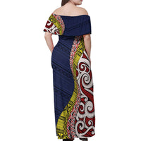 Aotearoa and Niue Off Shoulder Maxi Dress Hiapo Maori Stylized Koru