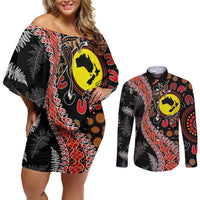 Aotearoa and Australia Couples Matching Off Shoulder Short Dress and Long Sleeve Button Shirt Maori Koru Ferns With Aboriginal Kangaroo