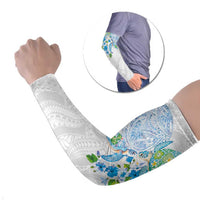 Hawaiian Couple Turtles Honi Arm Sleeves Polynesian Art Motifs and Hibiscus White Blue Color - Polynesian Pride