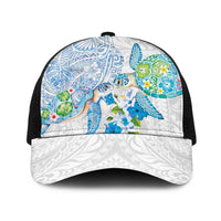 Hawaiian Couple Turtles Honi Baseball Net Cap Polynesian Art Motifs and Hibiscus White Blue Color - Polynesian Pride
