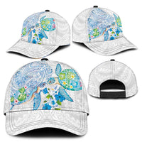 Hawaiian Couple Turtles Honi Classic Cap Polynesian Art Motifs and Hibiscus White Blue Color LT03 - Polynesian Pride