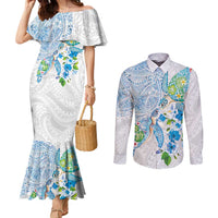 Hawaiian Couple Turtles Honi Couples Matching Mermaid Dress and Long Sleeve Button Shirt Polynesian Art Motifs and Hibiscus White Blue Color LT03 White - Polynesian Pride