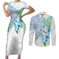 Hawaiian Couple Turtles Honi Couples Matching Short Sleeve Bodycon Dress and Long Sleeve Button Shirt Polynesian Art Motifs and Hibiscus White Blue Color LT03 White - Polynesian Pride