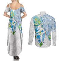 Hawaiian Couple Turtles Honi Couples Matching Summer Maxi Dress and Long Sleeve Button Shirt Polynesian Art Motifs and Hibiscus White Blue Color LT03 - Polynesian Pride