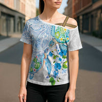Hawaiian Couple Turtles Honi Cross Shoulder Shirt Polynesian Art Motifs and Hibiscus White Blue Color LT03 - Polynesian Pride