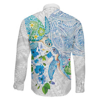 Hawaiian Couple Turtles Honi Family Matching Long Sleeve Bodycon Dress and Hawaiian Shirt Polynesian Art Motifs and Hibiscus White Blue Color LT03 - Polynesian Pride