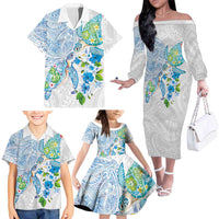Hawaiian Couple Turtles Honi Family Matching Off The Shoulder Long Sleeve Dress and Hawaiian Shirt Polynesian Art Motifs and Hibiscus White Blue Color LT03 - Polynesian Pride