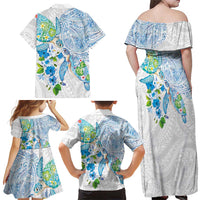 Hawaiian Couple Turtles Honi Family Matching Off Shoulder Maxi Dress and Hawaiian Shirt Polynesian Art Motifs and Hibiscus White Blue Color LT03 - Polynesian Pride