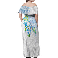 Hawaiian Couple Turtles Honi Family Matching Off Shoulder Maxi Dress and Hawaiian Shirt Polynesian Art Motifs and Hibiscus White Blue Color LT03 - Polynesian Pride