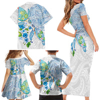 Hawaiian Couple Turtles Honi Family Matching Short Sleeve Bodycon Dress and Hawaiian Shirt Polynesian Art Motifs and Hibiscus White Blue Color LT03 - Polynesian Pride