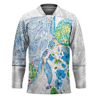 Hawaiian Couple Turtles Honi Hockey Jersey Polynesian Art Motifs and Hibiscus White Blue Color LT03 Unisex White - Polynesian Pride