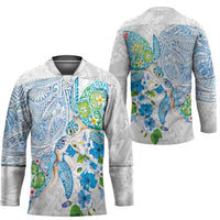 Hawaiian Couple Turtles Honi Hockey Jersey Polynesian Art Motifs and Hibiscus White Blue Color LT03 - Polynesian Pride