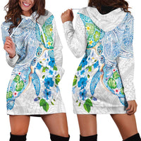Hawaiian Couple Turtles Honi Hoodie Dress Polynesian Art Motifs and Hibiscus White Blue Color LT03 - Polynesian Pride