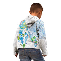 Hawaiian Couple Turtles Honi Kid Hoodie Polynesian Art Motifs and Hibiscus White Blue Color LT03 - Polynesian Pride