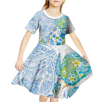 Hawaiian Couple Turtles Honi Kid Short Sleeve Dress Polynesian Art Motifs and Hibiscus White Blue Color LT03 - Polynesian Pride