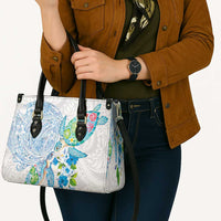 Hawaiian Couple Turtles Honi Leather Bag Polynesian Art Motifs and Hibiscus White Blue Color - Polynesian Pride