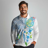 Hawaiian Couple Turtles Honi Long Sleeve Polo Shirt Polynesian Art Motifs and Hibiscus White Blue Color LT03 - Polynesian Pride