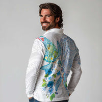 Hawaiian Couple Turtles Honi Long Sleeve Polo Shirt Polynesian Art Motifs and Hibiscus White Blue Color LT03 - Polynesian Pride