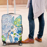 Hawaiian Couple Turtles Honi Luggage Cover Polynesian Art Motifs and Hibiscus White Blue Color LT03 White - Polynesian Pride