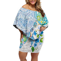 Hawaiian Couple Turtles Honi Off Shoulder Short Dress Polynesian Art Motifs and Hibiscus White Blue Color LT03 Women White - Polynesian Pride