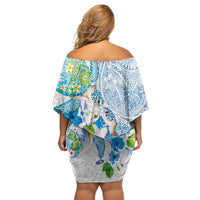 Hawaiian Couple Turtles Honi Off Shoulder Short Dress Polynesian Art Motifs and Hibiscus White Blue Color LT03 - Polynesian Pride