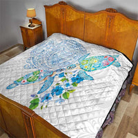 Hawaiian Couple Turtles Honi Quilt Polynesian Art Motifs and Hibiscus White Blue Color - Polynesian Pride