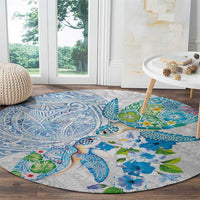 Hawaiian Couple Turtles Honi Round Carpet Polynesian Art Motifs and Hibiscus White Blue Color - Polynesian Pride