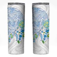 Hawaiian Couple Turtles Honi Skinny Tumbler Polynesian Art Motifs and Hibiscus White Blue Color LT03 White - Polynesian Pride