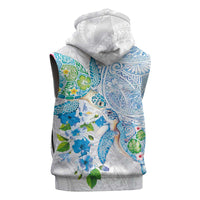Hawaiian Couple Turtles Honi Sleeveless Hoodie Polynesian Art Motifs and Hibiscus White Blue Color LT03 - Polynesian Pride
