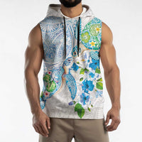 Hawaiian Couple Turtles Honi Sleeveless Hoodie Polynesian Art Motifs and Hibiscus White Blue Color LT03 - Polynesian Pride