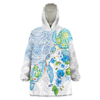 Hawaiian Couple Turtles Honi Wearable Blanket Hoodie Polynesian Art Motifs and Hibiscus White Blue Color LT03 One Size White - Polynesian Pride