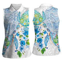 Hawaiian Couple Turtles Honi Women Sleeveless Polo Shirt Polynesian Art Motifs and Hibiscus White Blue Color LT03 - Polynesian Pride