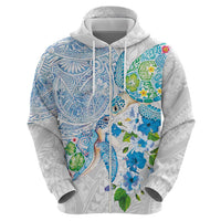Hawaiian Couple Turtles Honi Zip Hoodie Polynesian Art Motifs and Hibiscus White Blue Color - Polynesian Pride