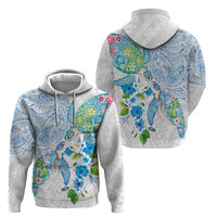 Hawaiian Couple Turtles Honi Zip Hoodie Polynesian Art Motifs and Hibiscus White Blue Color - Polynesian Pride