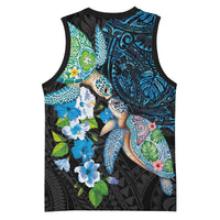 Hawaiian Couple Turtles Honi Basketball Jersey Polynesian Art Motifs and Hibiscus Black Blue Color LT03 - Polynesian Pride