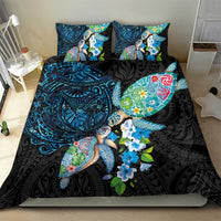 Hawaiian Couple Turtles Honi Bedding Set Polynesian Art Motifs and Hibiscus Black Blue Color LT03 - Polynesian Pride