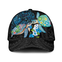 Hawaiian Couple Turtles Honi Classic Cap Polynesian Art Motifs and Hibiscus Black Blue Color - Polynesian Pride