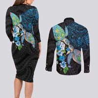 Hawaiian Couple Turtles Honi Couples Matching Long Sleeve Bodycon Dress and Long Sleeve Button Shirt Polynesian Art Motifs and Hibiscus Black Blue Color LT03 - Polynesian Pride