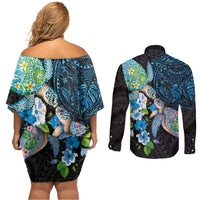 Hawaiian Couple Turtles Honi Couples Matching Off Shoulder Short Dress and Long Sleeve Button Shirt Polynesian Art Motifs and Hibiscus Black Blue Color LT03 - Polynesian Pride