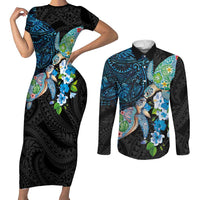 Hawaiian Couple Turtles Honi Couples Matching Short Sleeve Bodycon Dress and Long Sleeve Button Shirt Polynesian Art Motifs and Hibiscus Black Blue Color LT03 Black - Polynesian Pride
