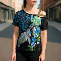 Hawaiian Couple Turtles Honi Cross Shoulder Shirt Polynesian Art Motifs and Hibiscus Black Blue Color LT03 - Polynesian Pride