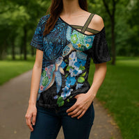 Hawaiian Couple Turtles Honi Cross Shoulder Shirt Polynesian Art Motifs and Hibiscus Black Blue Color LT03 - Polynesian Pride